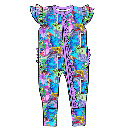 Squad Goals Purple Bamboo Flutter Sleeve Zip Romper